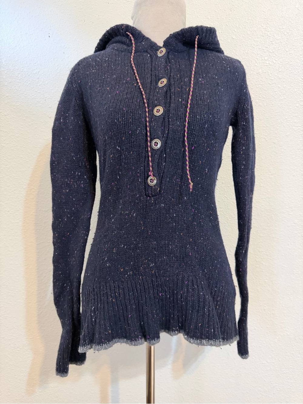 Patagonia Navy cozy Speckled Hooded Button-Neck Sweater Wool drawstring